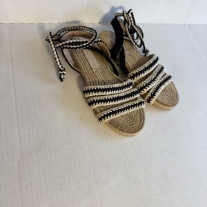 NWT Zara Black Cream Espadrille Crochet Strappy Sandal Girls 2 Boho Beach